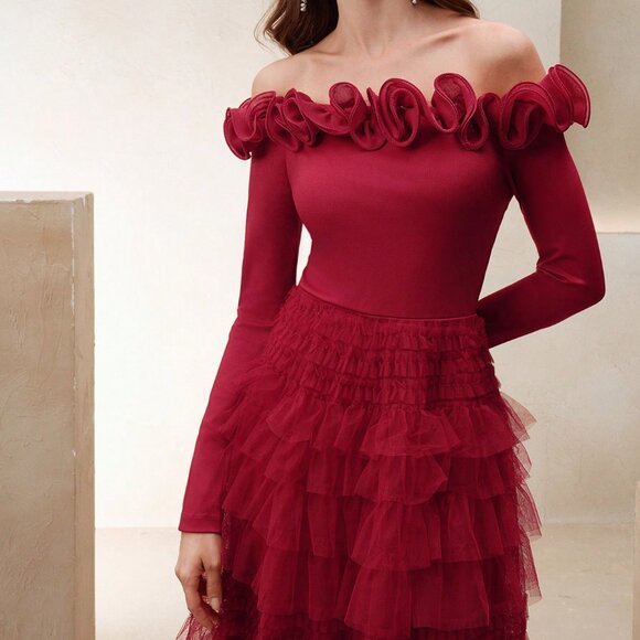 Red Chic Women's 3D Floral Long Sleeve V Neck Bodycon Party Dress - Picture 7 of 7